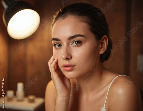 A beautiful girl taking care of her skin washing face with facewash