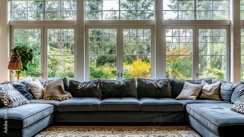 A bright living room with light walls, a soft gray sectional, and large windows that open up to a garden view, filled with natural light