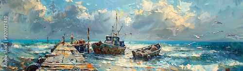 Sunny landscape of an old sea pier. Fishing boats are at the dock. Abstract oil painting