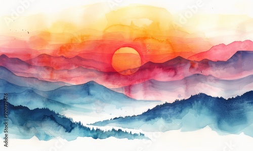 Watercolor abstract sunset over hills on white.