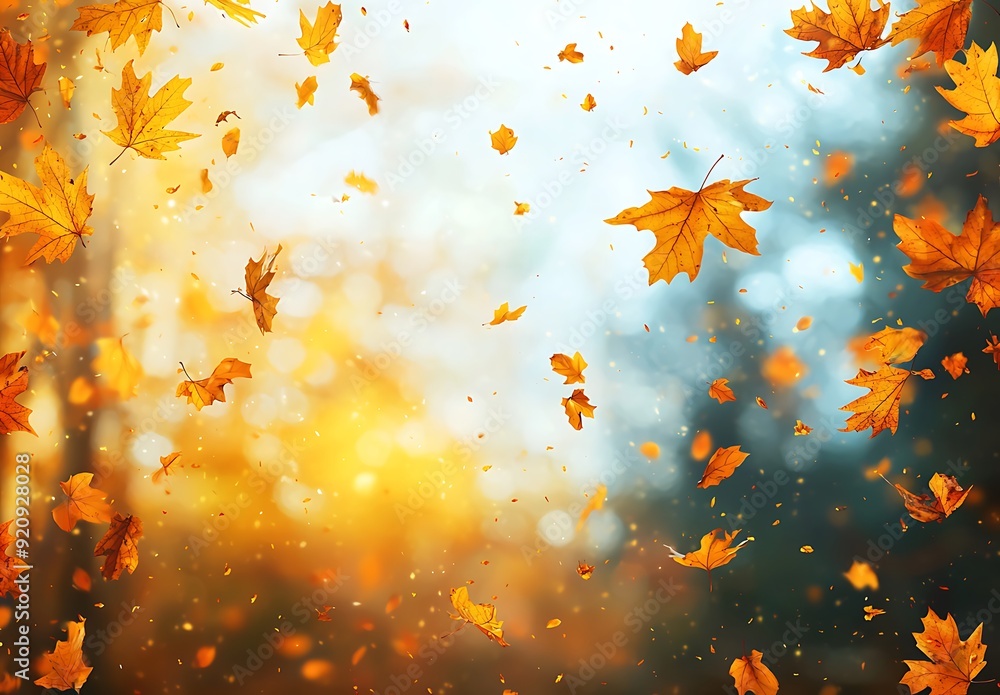 Autumn leaves falling in a blurred background with golden light. Autumn leaves falling in a blurred background with golden light.