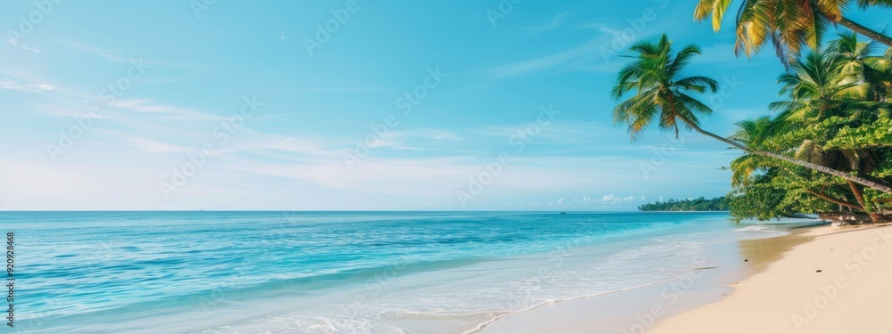 Fototapeta premium palm trees line the shore, clear blue ocean stretches out, boat distant on horizon