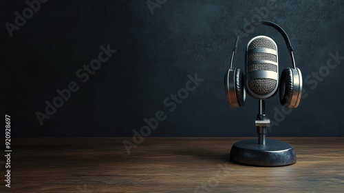 Podcasting and radio concept with retro microphone and headphones on empty wooden table and dark blank wall background with place for your logo or text. 3D rendering, mock up