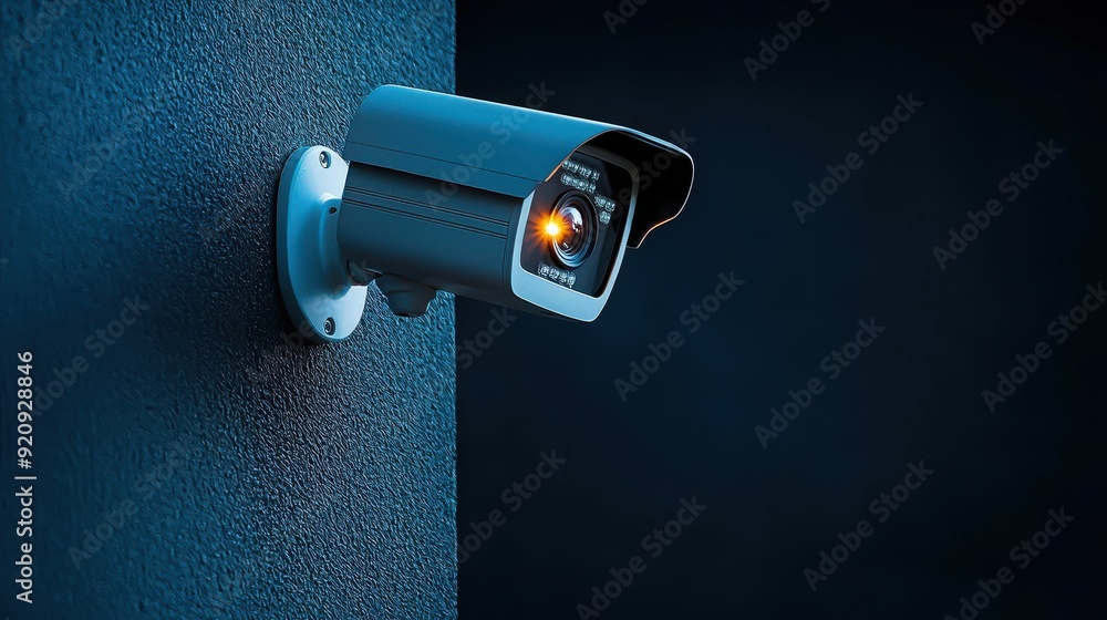 Illuminated Wireless CCTV Camera Mounted on House Corner at Night - Security Surveillance Concept Illuminated Wireless CCTV Camera Mounted on House Corner at Night - Security Surveillance Concept
