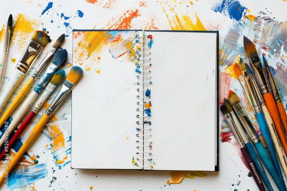 Obraz premium In an artists colorful workspace, an open sketchbook holds potential, vibrant brushes await ideas, and paint splatters showcase unique creativity and imaginative expression, ready to be unleashed