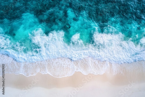 Turquoise waves crash gently onto a pristine white sand beach, creating a serene contrast against the vibrant blue water in TobOS