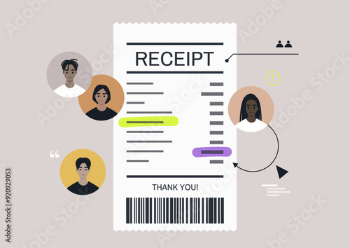 Group bill split receipt with detailed breakdown and illustrations of participants in a collaborative expense sharing setting