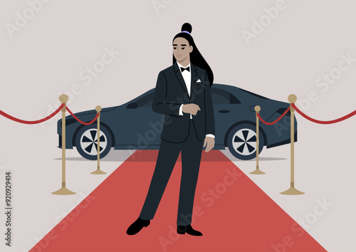 A stylish figure stands confidently on the red carpet, ready to greet guests beside a luxury car at a glamorous evening event