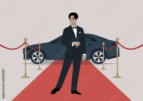 A stylish figure stands confidently on the red carpet, ready to greet guests beside a luxury car at a glamorous evening event