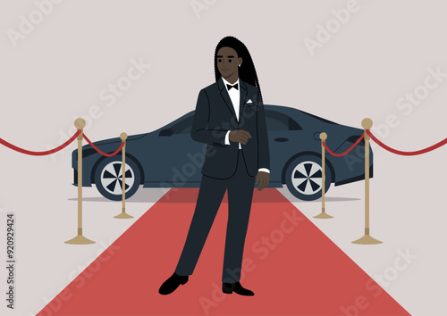 A stylish figure stands confidently on the red carpet, ready to greet guests beside a luxury car at a glamorous evening event