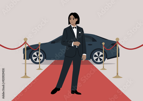 A stylish figure stands confidently on the red carpet, ready to greet guests beside a luxury car at a glamorous evening event