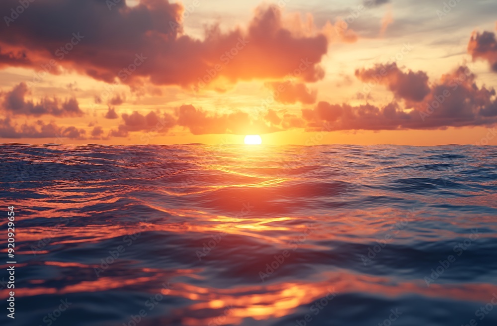 Fototapeta premium Dramatic sunset sky reflected in rippling ocean water.