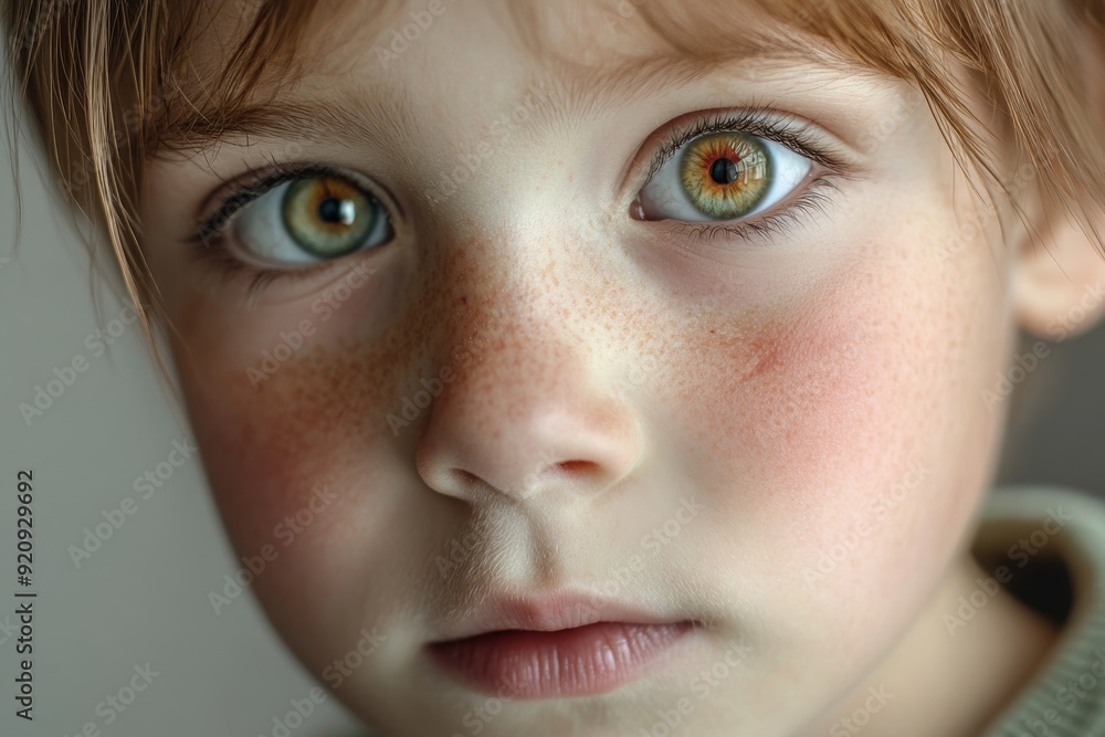Fototapeta premium A young child with striking eyes gazes directly at the camera with a slight frown, creating a captivating, emotive moment in warm indoor lighting