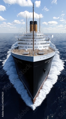 The Titanic gracefully sails through calm waters, showcasing its iconic silhouette against a vibrant sky, highlighting its majestic design and details