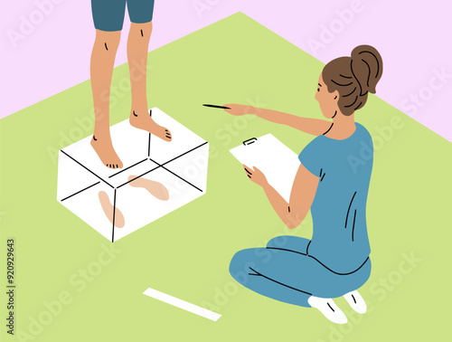 Doctor woman examines patient legs on podoscope. Diagnostic center orthopedics and podology. Foot health. Professional assistance from a medical specialist. Flat vector illustration in isometric view
