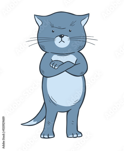 Gloomy domestic cat. Funny character. Topics about pets. Dissatisfied posture, resentment and cat whim. Cartoon vector illustration isolated on white background