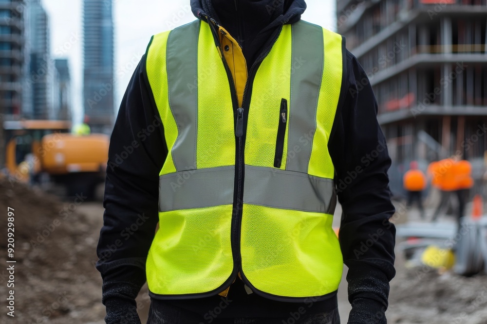 A worker stands confidently wearing a bright yellow reflective safety vest with black stripes at a bustling construction site A worker stands confidently wearing a bright yellow reflective safety vest with black stripes at a bustling construction site