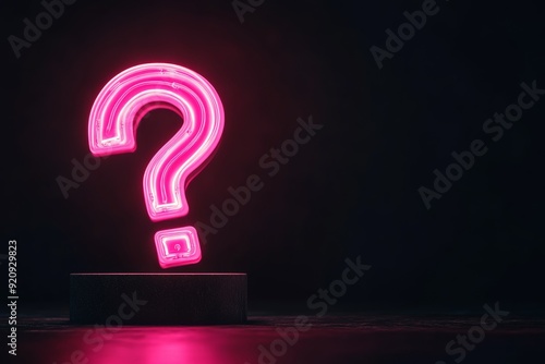 A vibrant pink neon question mark glows softly, casting light onto a dark, pitch-black backdrop, creating an intriguing visual contrast