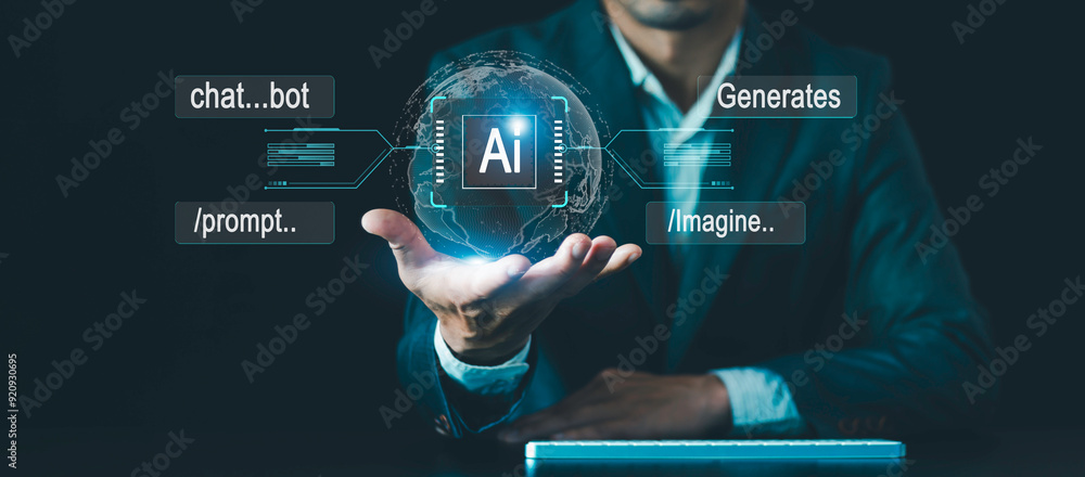 Fototapeta premium Ai tech, futuristic technology transformation, virtual graphic Global Internet connect Chat with AI, Artificial Intelligence, using command prompt for generates something, ai ethics