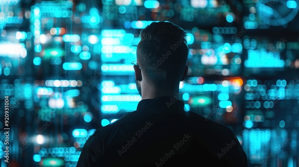 Digital Nomad: Man Engaged with Holographic AI Assistants in Futuristic Workspace Digital Nomad: Man Engaged with Holographic AI Assistants in Futuristic Workspace