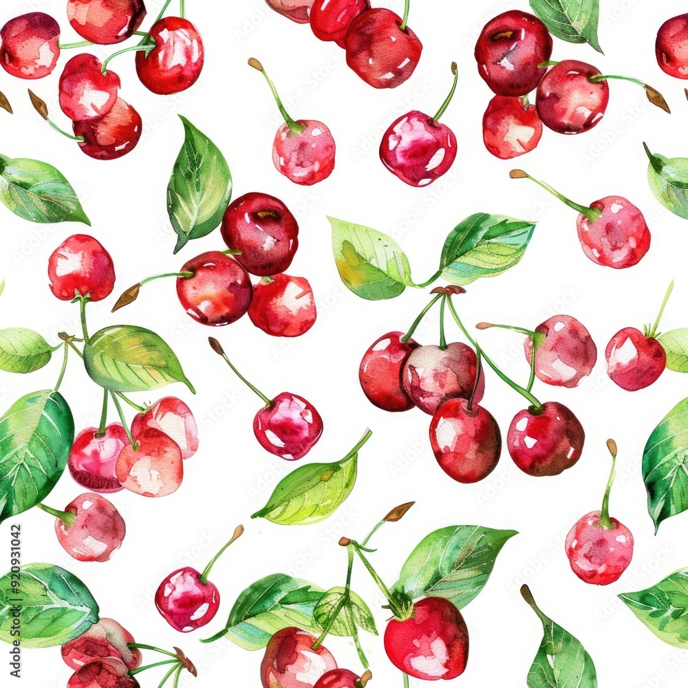 Summer Cherry Garden. Watercolor Illustrated Seamless Pattern Summer Cherry Garden. Watercolor Illustrated Seamless Pattern