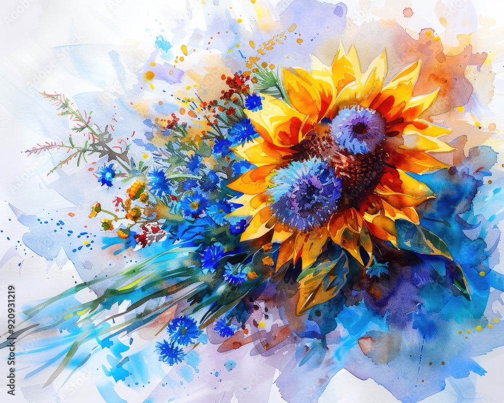 Sunflower and Cornflower Bouquet. Ukrainian Floral Art with Watercolor Elements Sunflower and Cornflower Bouquet. Ukrainian Floral Art with Watercolor Elements