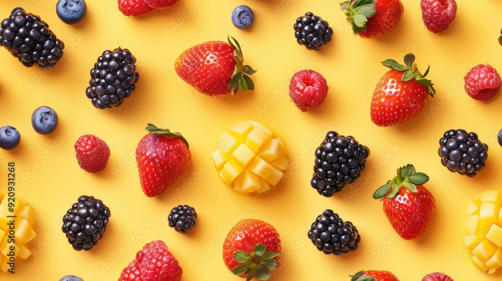 Seamless pattern of various fresh berries and mango cubes on a bright yellow background. Vibrant summer fruit design. Seamless pattern of various fresh berries and mango cubes on a bright yellow background. Vibrant summer fruit design.