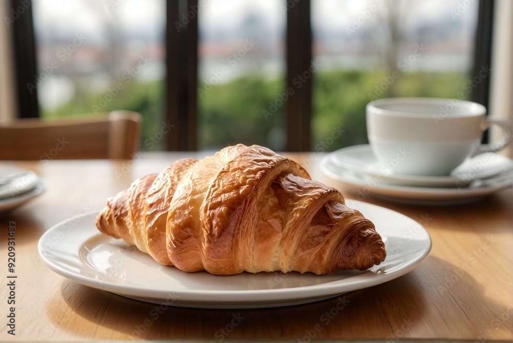 Close-up of a croissant resting on a plate on a table with blurred dinning room and natural morning light from windows Close-up of a croissant resting on a plate on a table with blurred dinning room and natural morning light from windows