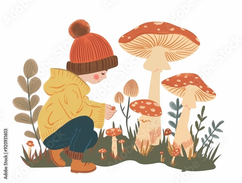 Child picking up mushrooms illustration. AI generated photo