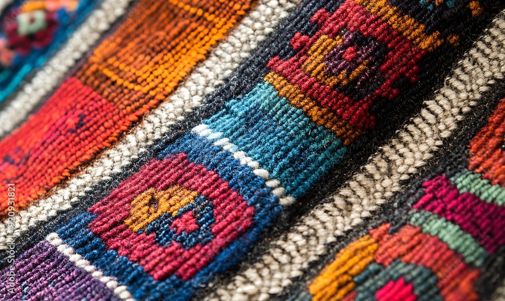 Close-Up of Woven Textile from Peru with Vibrant Colors and Geometric Patterns Close-Up of Woven Textile from Peru with Vibrant Colors and Geometric Patterns