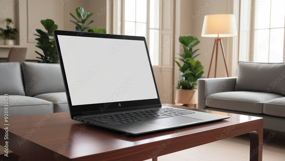 A laptop on a table with a white screen mockup photo A laptop on a table with a white screen mockup photo