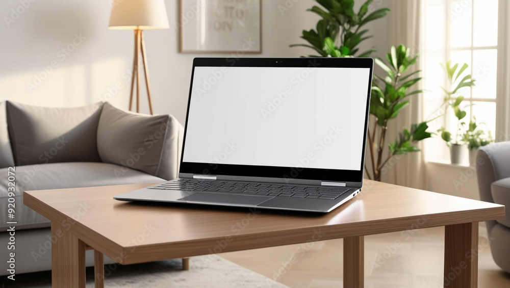 A laptop on a table with a white screen mockup photo A laptop on a table with a white screen mockup photo