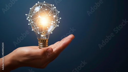 Innovative Idea Business Brightly lit light bulb in hand with a network of white lines and nodes spreading outward