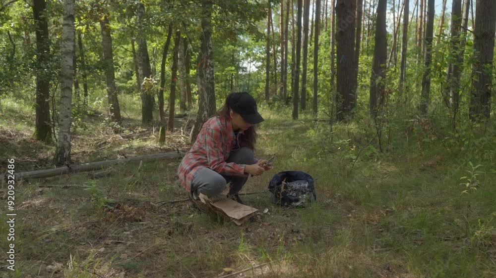 Woman in the forest squats, carefully slicing a boletus mushroom with a knife. Inspects the cut, finds it wormy, splits the cap, and discovers it’s spoiled. Disappointed, discards the mushroom. Woman in the forest squats, carefully slicing a boletus mushroom with a knife. Inspects the cut, finds it wormy, splits the cap, and discovers it’s spoiled. Disappointed, discards the mushroom.