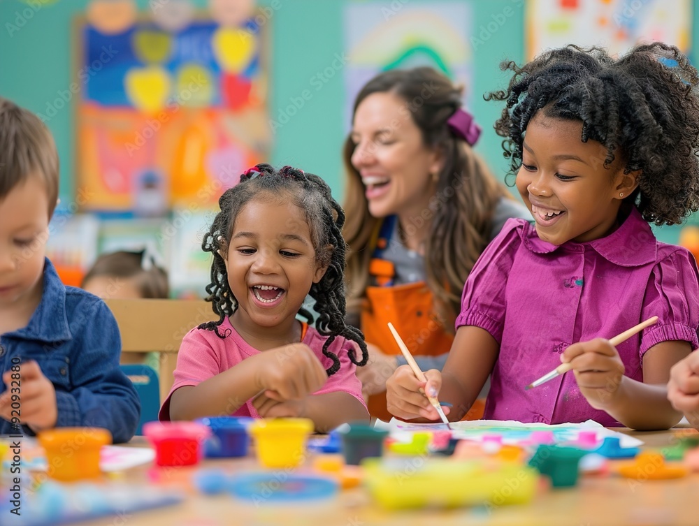 Children painting in a classroom with paint and brushes Children painting in a classroom with paint and brushes