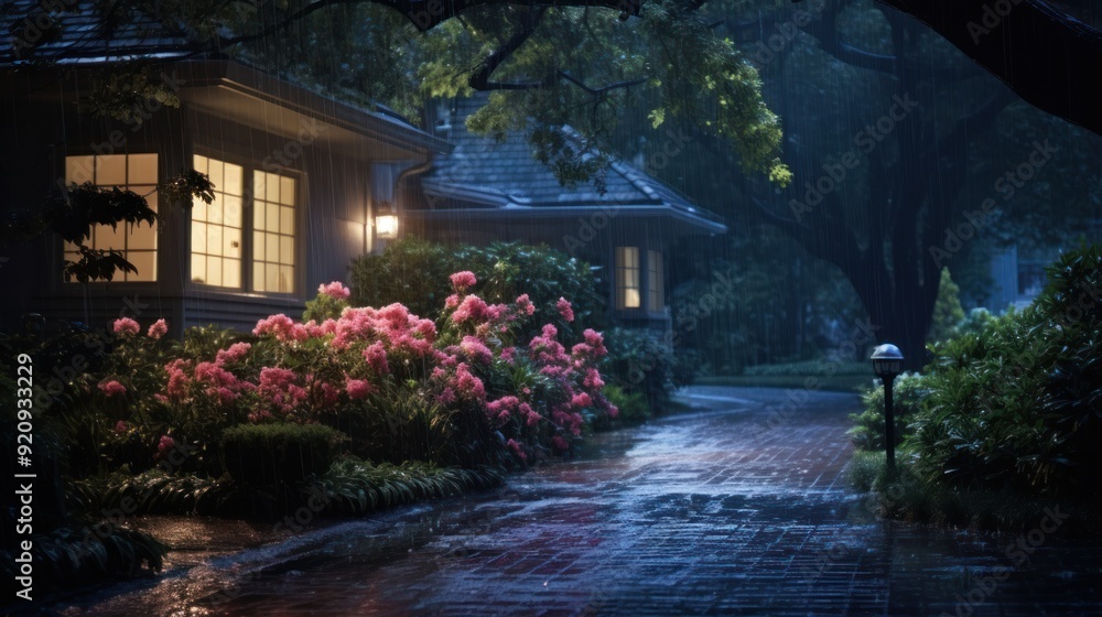 A brick pathway leading to a house lit up at night during a rainstorm. A brick pathway leading to a house lit up at night during a rainstorm.