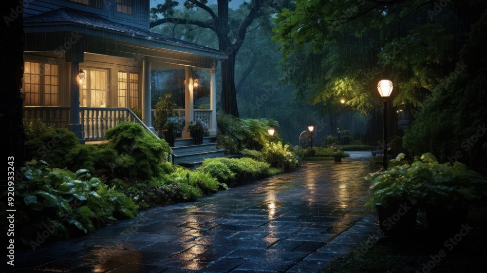 A brick pathway leading to a house with lit windows under a rainy night. A brick pathway leading to a house with lit windows under a rainy night.