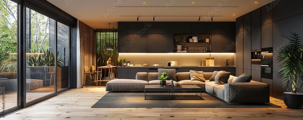 Minimalist apartment with a spacious design. Minimalist apartment with a spacious design.