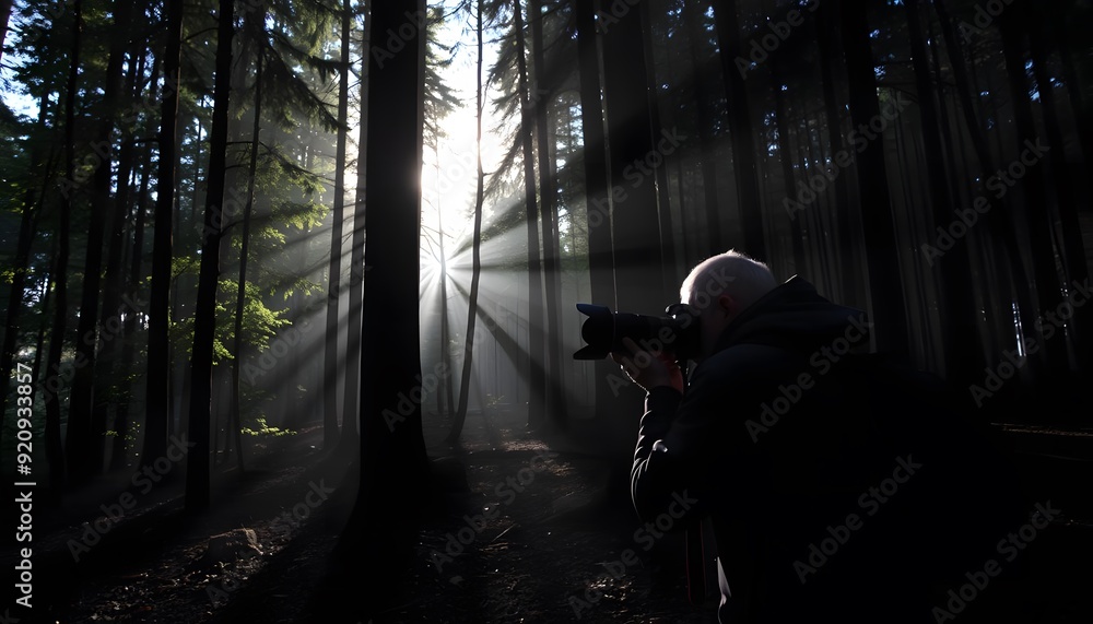 A photographer capturing the play of light and shadows in a forest A photographer capturing the play of light and shadows in a forest