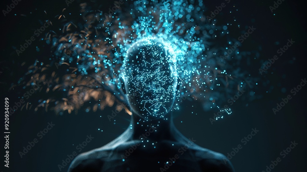 Ethereal Transformation: Human Form Dissolving into Hologram against Illuminated Tree Backdrop Ethereal Transformation: Human Form Dissolving into Hologram against Illuminated Tree Backdrop