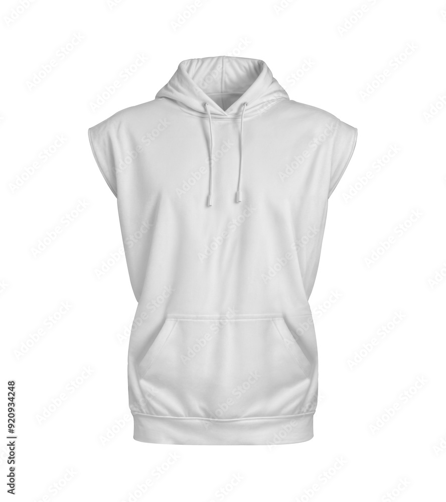 An image of a White Sleeveless Hoodie Isolated on a white background An image of a White Sleeveless Hoodie Isolated on a white background