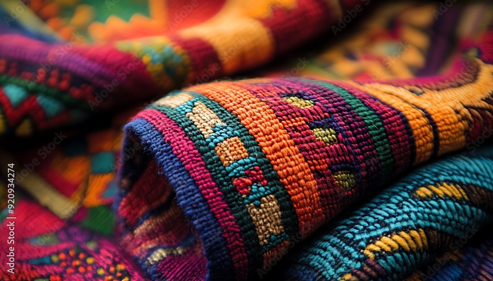 Close-Up of Woven Textile from Guatemala with Vibrant Colors and Intricate Patterns Close-Up of Woven Textile from Guatemala with Vibrant Colors and Intricate Patterns