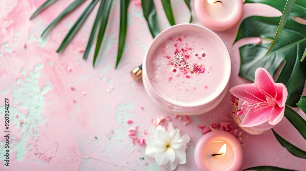 Elegant spa setup with candles, floral accents, and natural ingredients on a pink marble background. Elegant spa setup with candles, floral accents, and natural ingredients on a pink marble background.