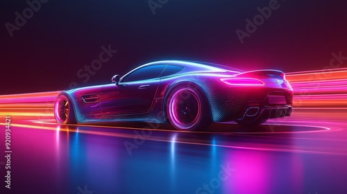 Vivid Neon Light Trails Illuminating a Car. Futuristic Technology Concept