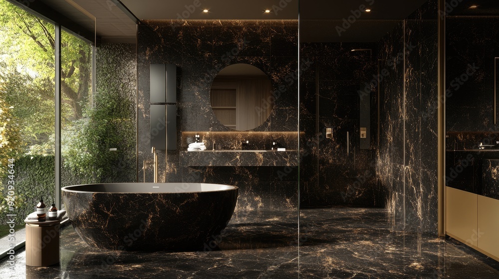 A sophisticated bathroom with black marble decor and a refined bathtub, blending elegance with modern luxury. A sophisticated bathroom with black marble decor and a refined bathtub, blending elegance with modern luxury.