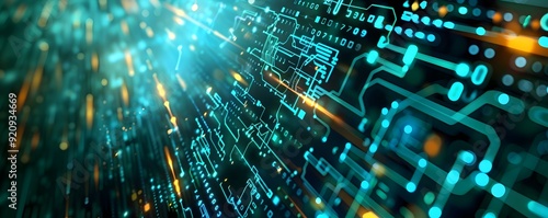 Futuristic Circuit Board with Glowing Lines and Numbers.
