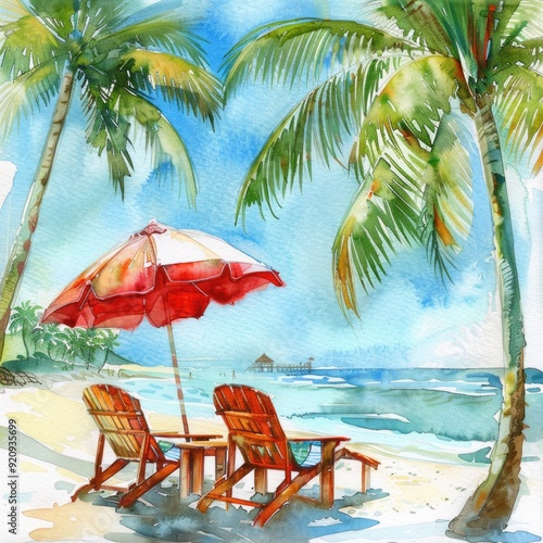 Tropical Getaway. Relaxing on Sun Loungers by the Beach with Palm Trees