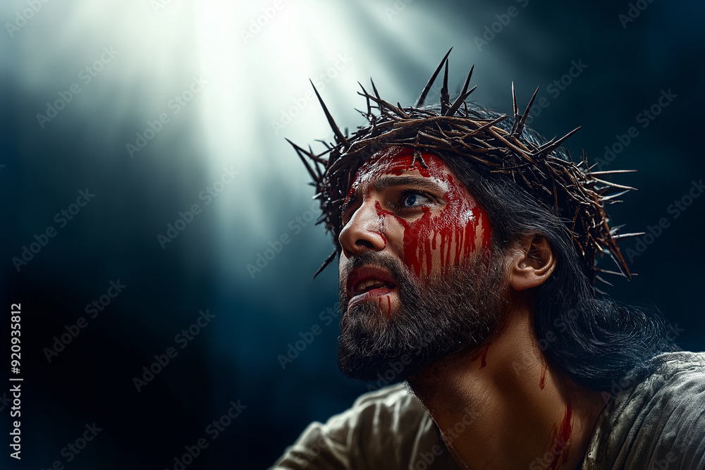 Close-up of Jesus, hi features etched with pain. Blood streaks down his face from the crown of thorns. He looks up, a shaft of light breaking through the dark clouds as the heavens open above him. Close-up of Jesus, hi features etched with pain. Blood streaks down his face from the crown of thorns. He looks up, a shaft of light breaking through the dark clouds as the heavens open above him.
