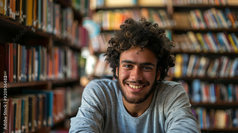 Smiling student sitting in library with stack of books looking at camera Smiling student sitting in library with stack of books looking at camera