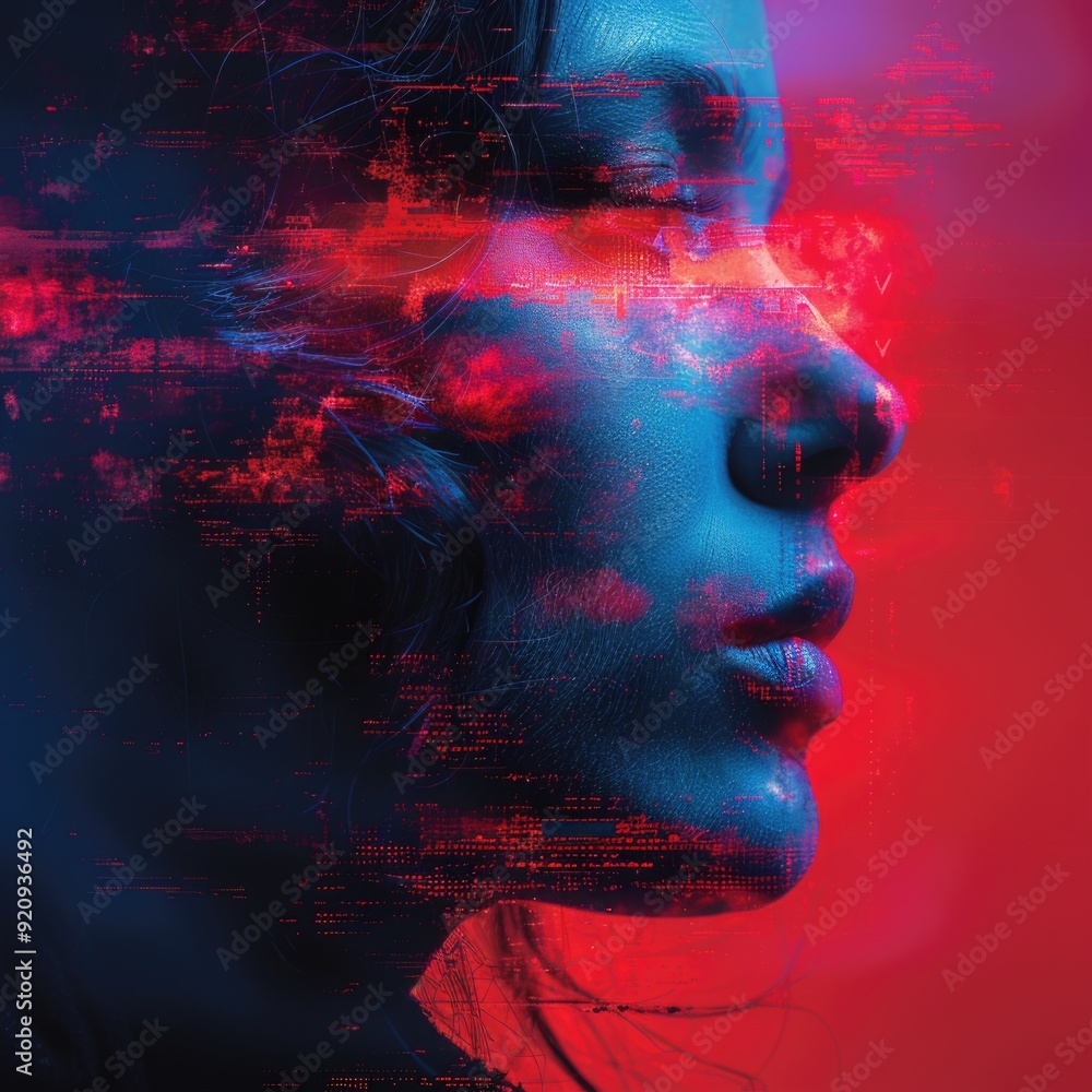 Digital Identity: A Person with Glitch Effects in Artistic Style on Red and Blue Backgrounds Digital Identity: A Person with Glitch Effects in Artistic Style on Red and Blue Backgrounds